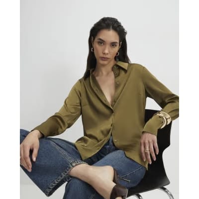 Khaki Satin Long Sleeve Slim Fit Shirt