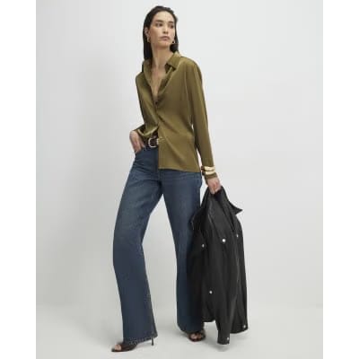 Khaki Satin Long Sleeve Slim Fit Shirt