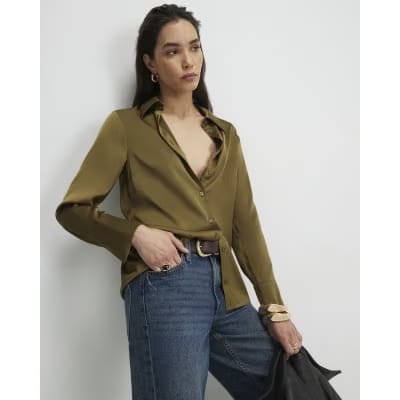 Khaki Satin Long Sleeve Slim Fit Shirt