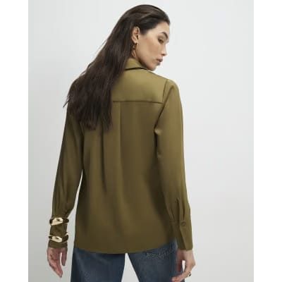 Khaki Satin Long Sleeve Slim Fit Shirt