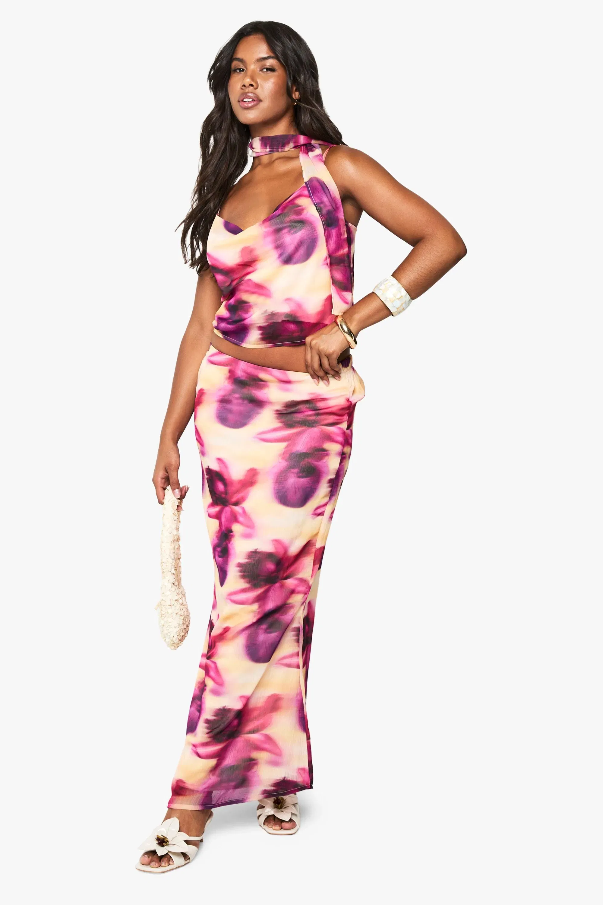 Blurred Floral Print Cowl Neck Woven Cami Top