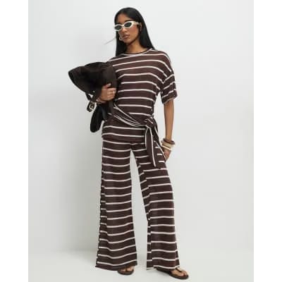 Brown Striped Textured Wide Leg Trousers