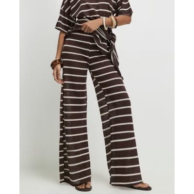 Brown Striped Textured Wide Leg Trousers