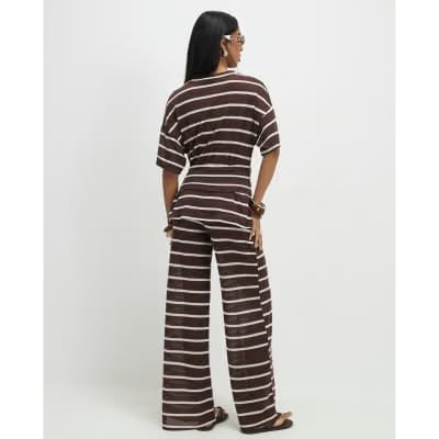 Brown Striped Textured Wide Leg Trousers