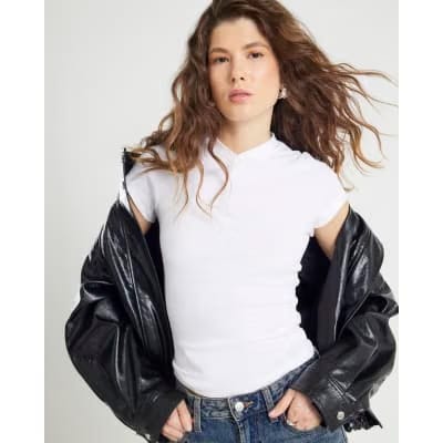 White Short Sleeve High V Neck Ribbed Top
