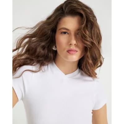 White Short Sleeve High V Neck Ribbed Top