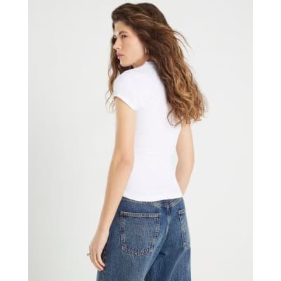White Short Sleeve High V Neck Ribbed Top