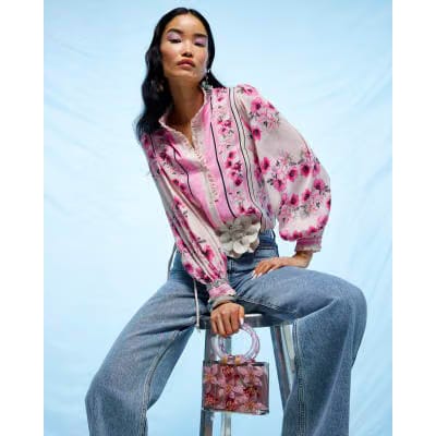 Pink Floral Half Placket Blouse