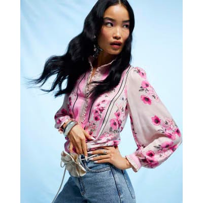 Pink Floral Half Placket Blouse