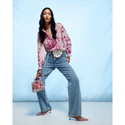 Pink Floral Half Placket Blouse