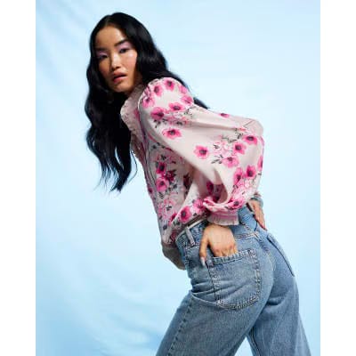 Pink Floral Half Placket Blouse