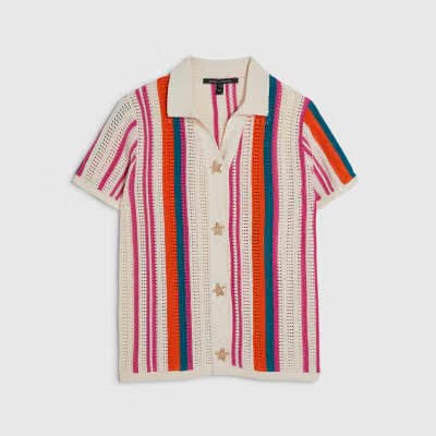 Petite Cream Striped Crochet Shirt