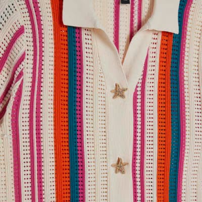 Petite Cream Striped Crochet Shirt