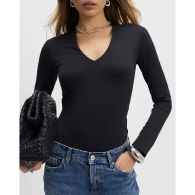 Black Plunge Neckline Long Sleeve Bodysuit