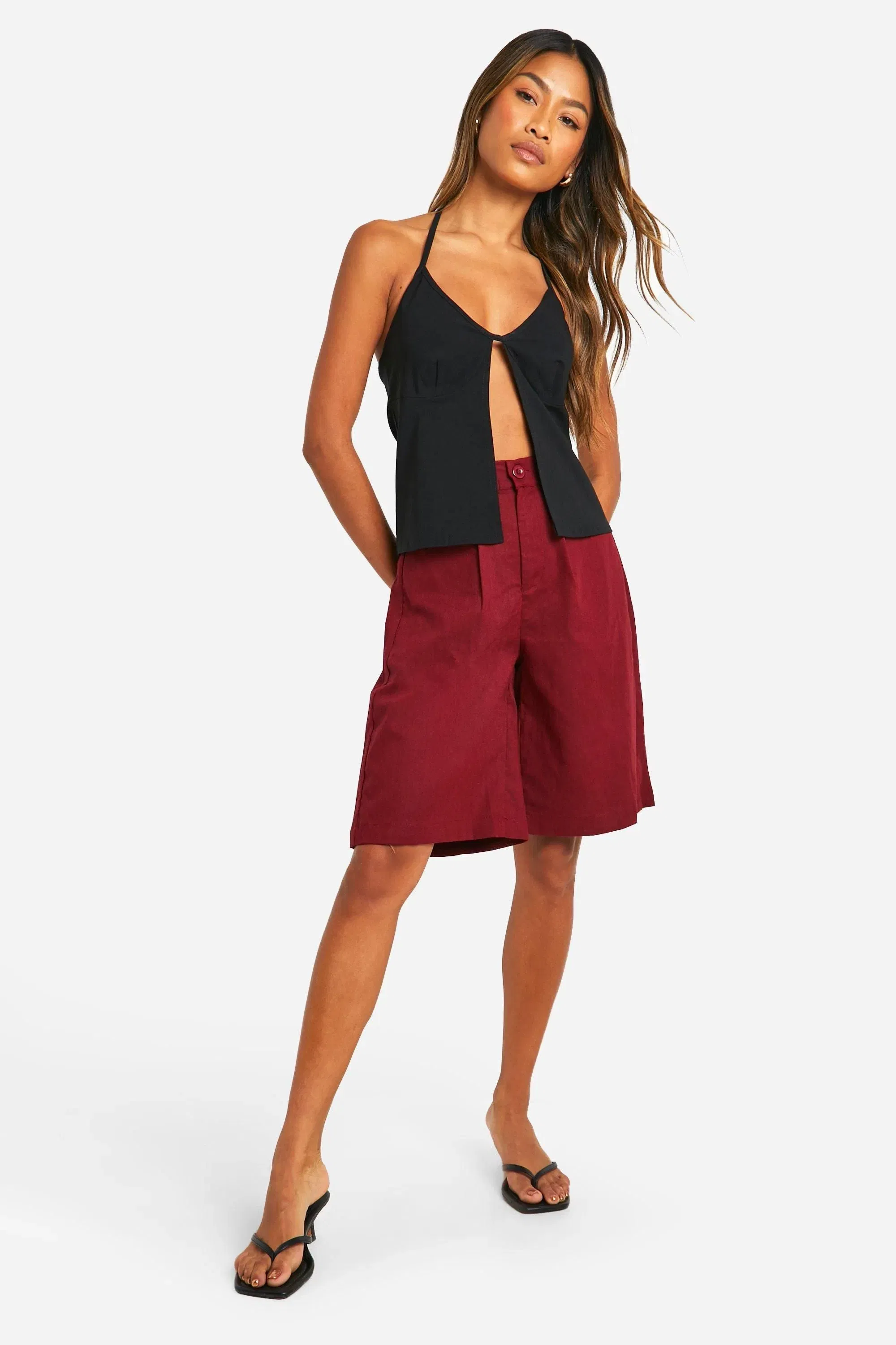 Tailored Linen Look Midi Shorts