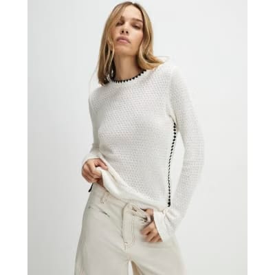 Cream Long Sleeve Whipstitch Trim Top