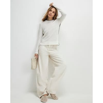 Cream Long Sleeve Whipstitch Trim Top