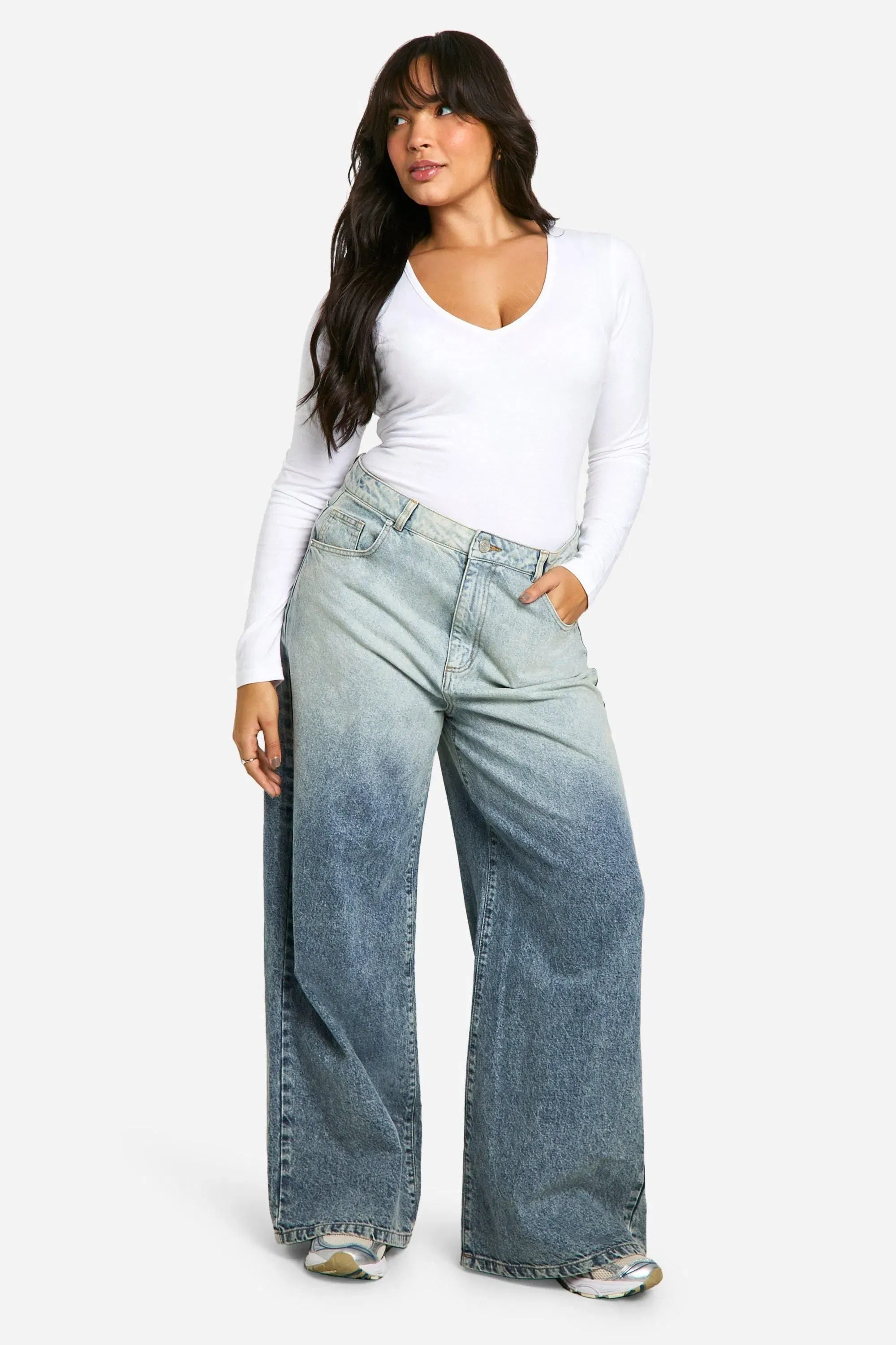 Plus Cotton Plunge Long Sleeve Bodysuit