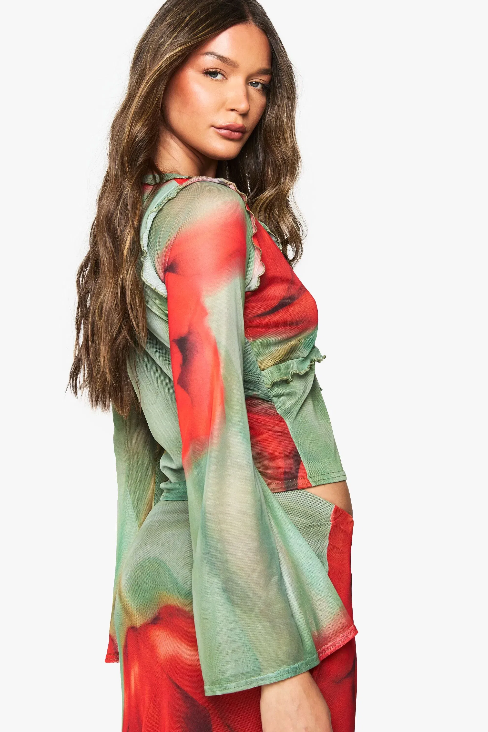 Floral Printed Mesh Tie Front Long Sleeve Top