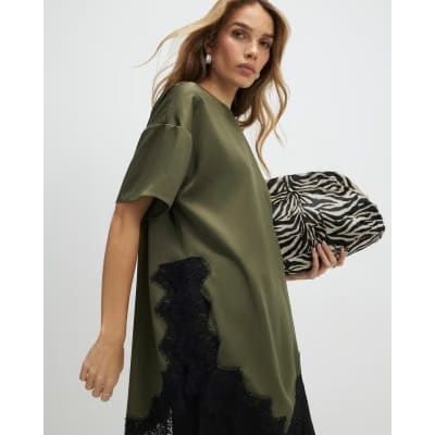 Khaki Asymmetric Lace Satin T-shirt