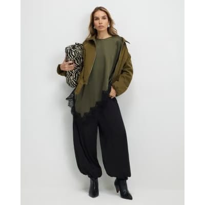 Khaki Asymmetric Lace Satin T-shirt
