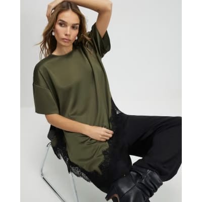 Khaki Asymmetric Lace Satin T-shirt