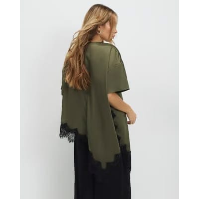 Khaki Asymmetric Lace Satin T-shirt