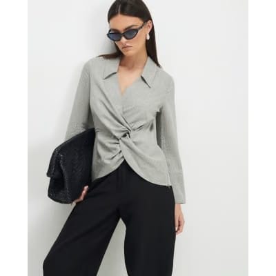 Grey Long Sleeve Twisted Collared Top