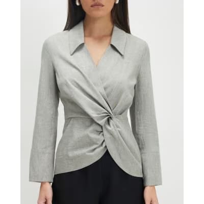 Grey Long Sleeve Twisted Collared Top