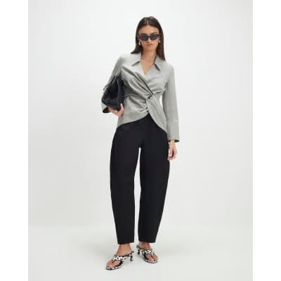 Grey Long Sleeve Twisted Collared Top