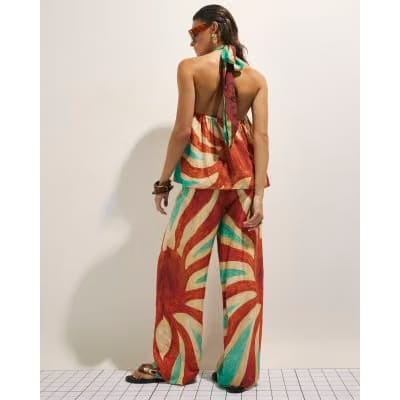 Brown Swirl Print Wide Leg Trousers