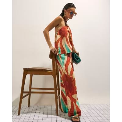 Brown Swirl Print Wide Leg Trousers