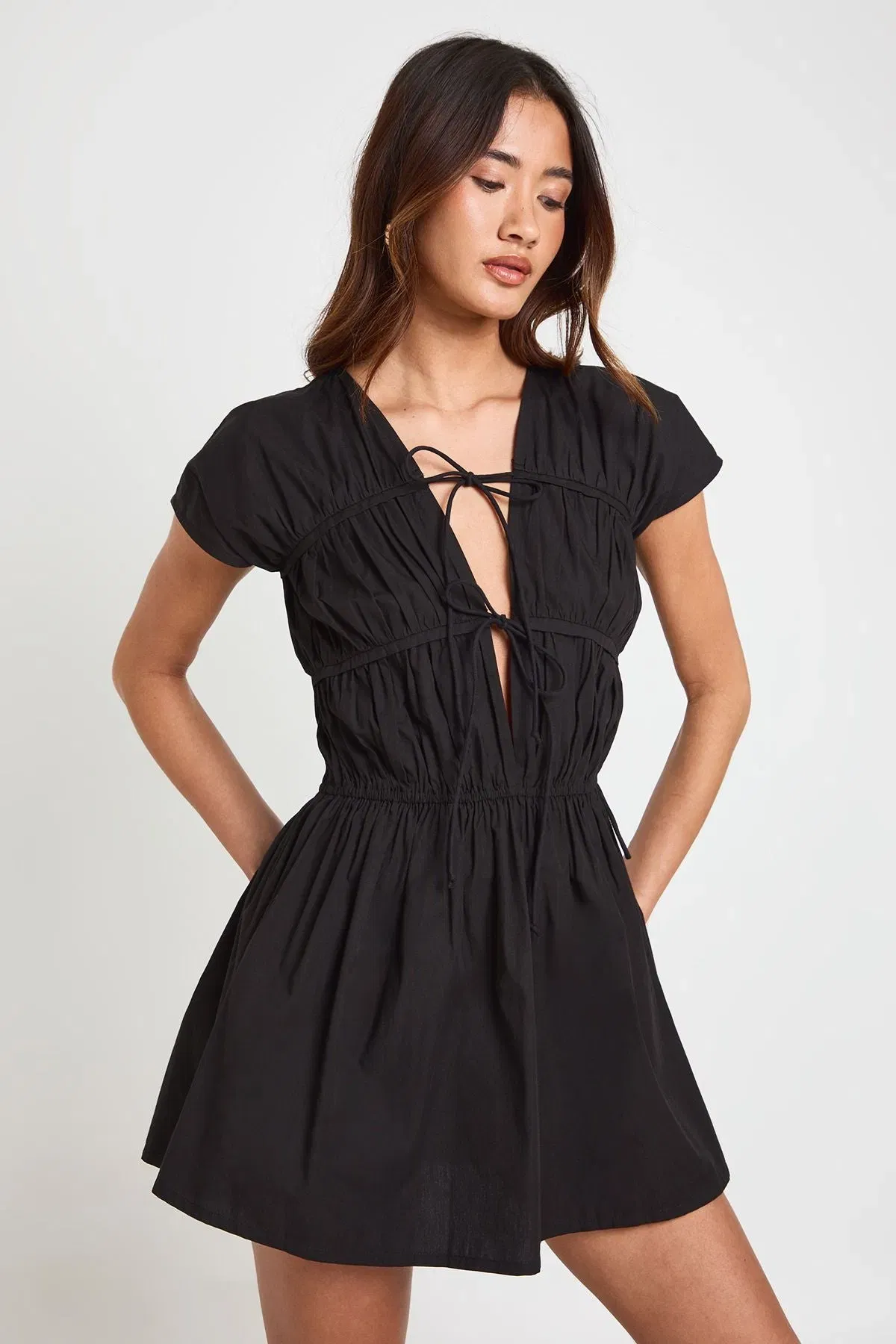 Cotton Poplin Shirred Front Tie Mini Dress