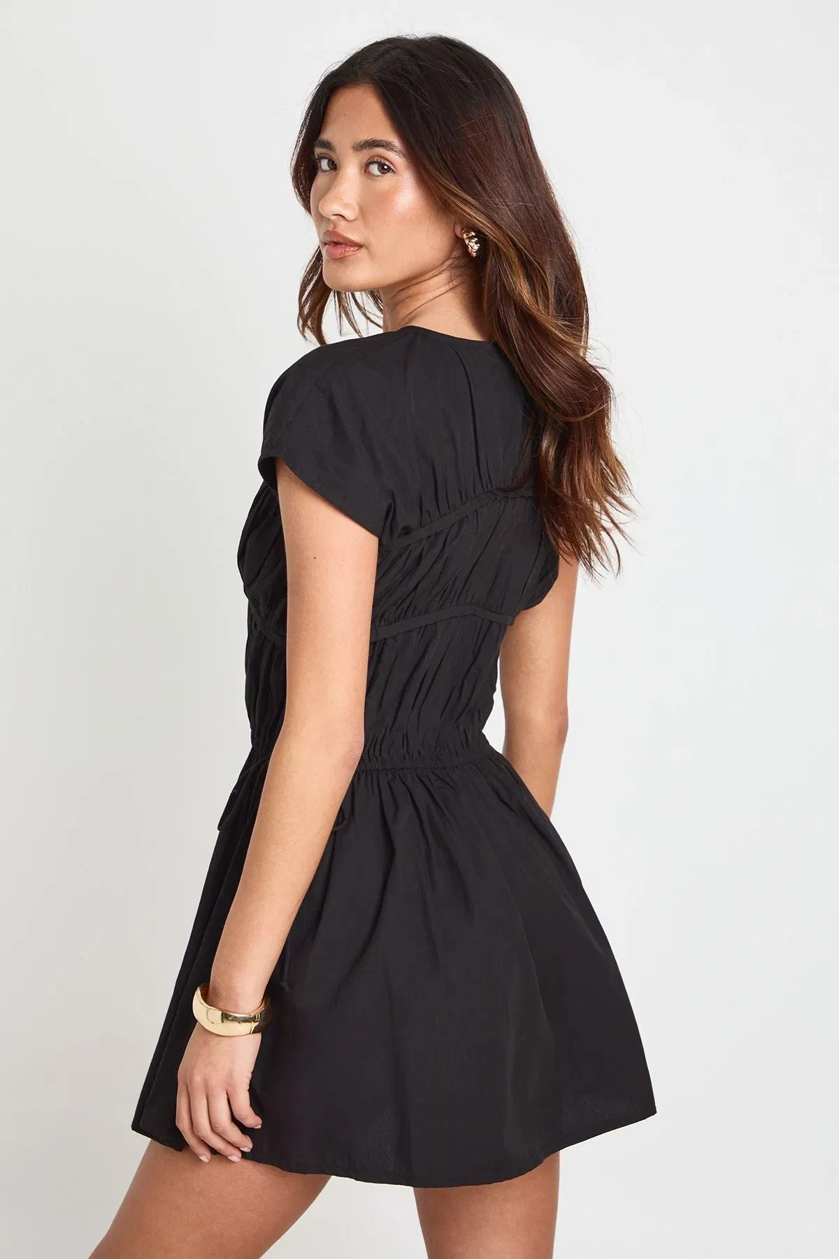 Cotton Poplin Shirred Front Tie Mini Dress