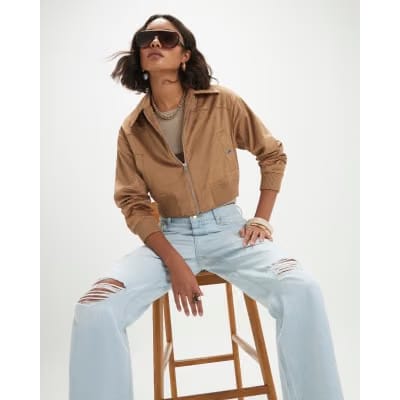 Beige Faux Suede Ribbed Hem Bomber Jacket