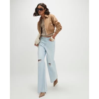 Beige Faux Suede Ribbed Hem Bomber Jacket