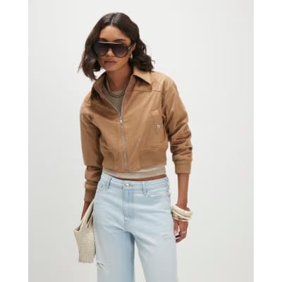 Beige Faux Suede Ribbed Hem Bomber Jacket