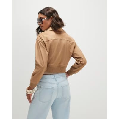 Beige Faux Suede Ribbed Hem Bomber Jacket