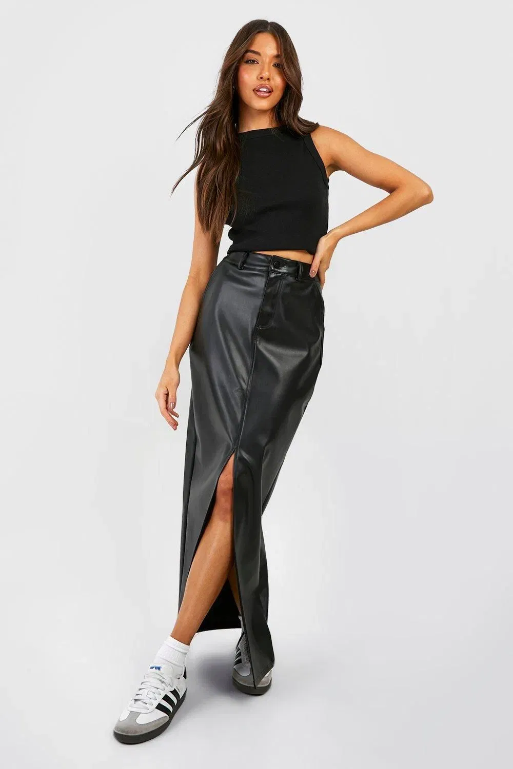 Leather Look High Waisted Split Maxi Skirt