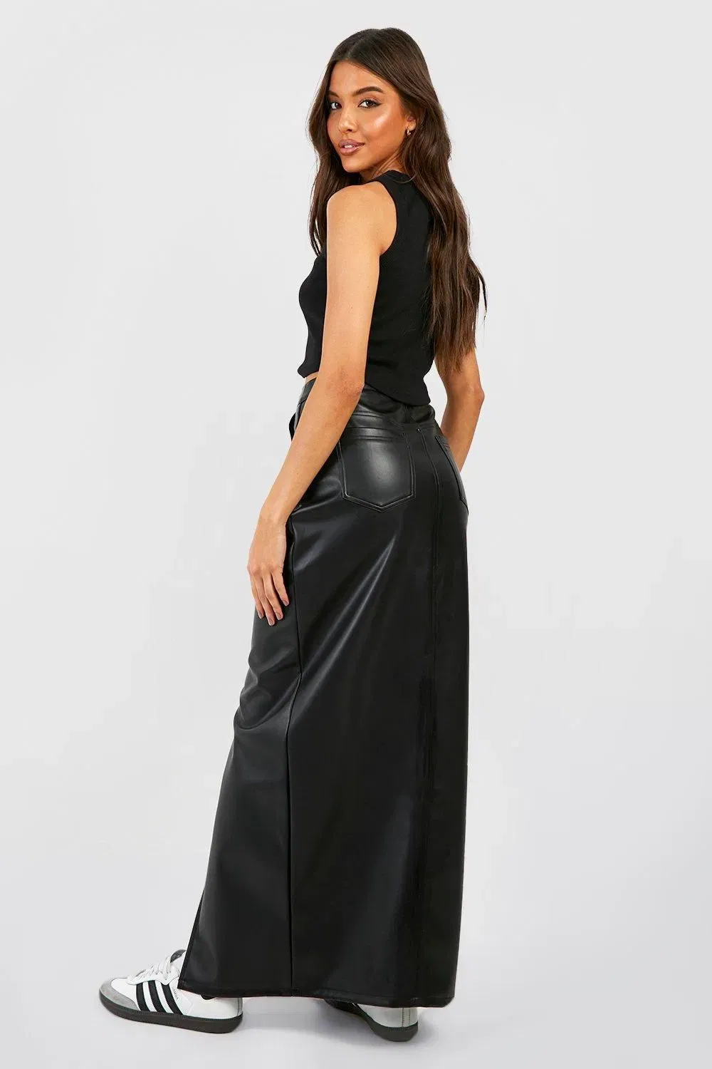 Leather Look High Waisted Split Maxi Skirt