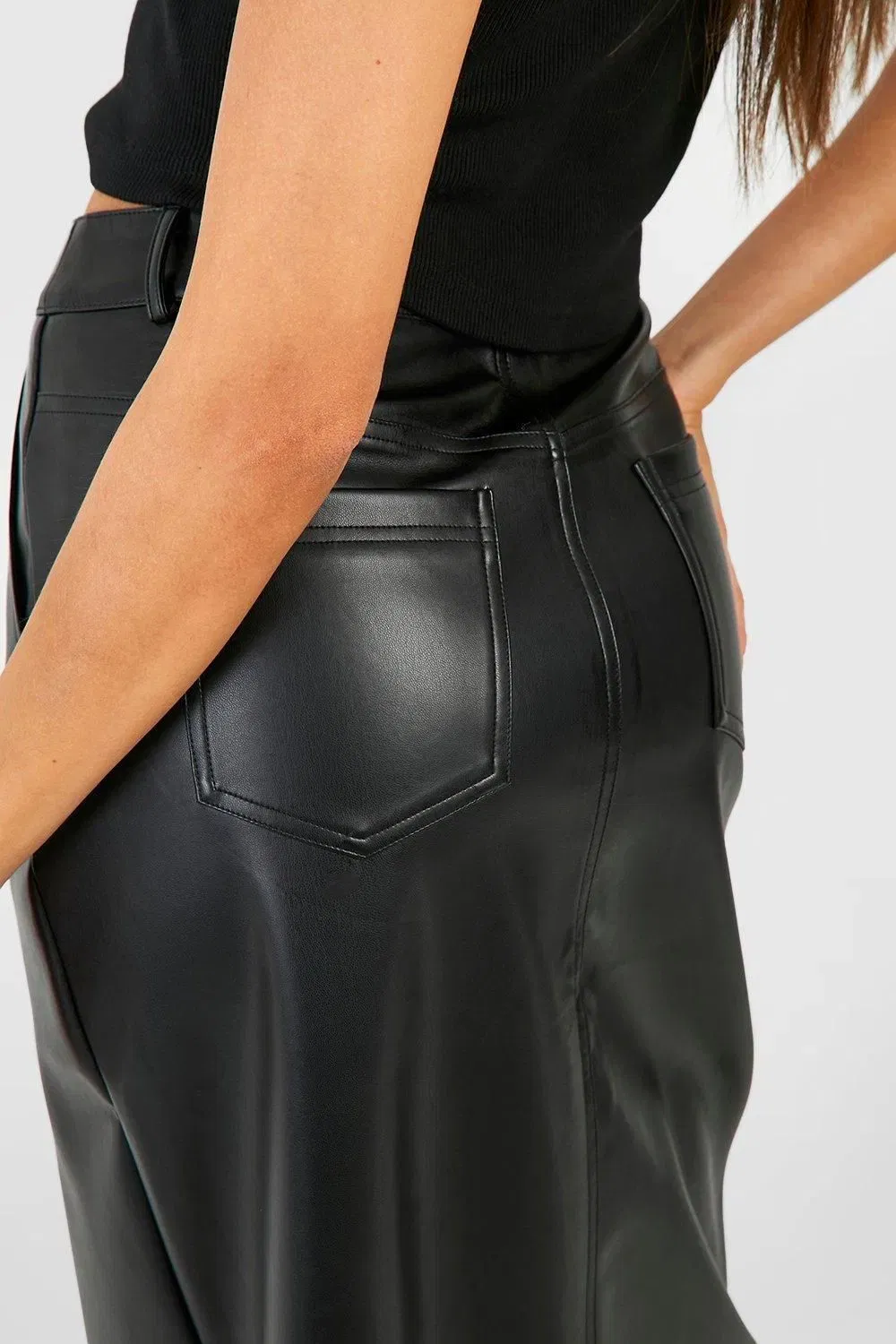 Leather Look High Waisted Split Maxi Skirt