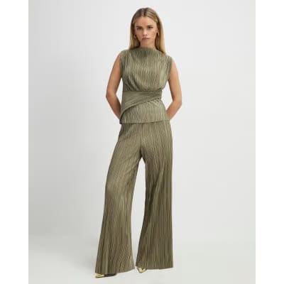 Petite Green Plisse Wide Leg Trousers