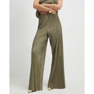Petite Green Plisse Wide Leg Trousers