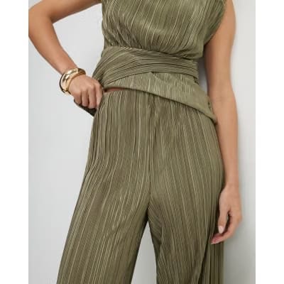 Petite Green Plisse Wide Leg Trousers