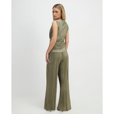 Petite Green Plisse Wide Leg Trousers
