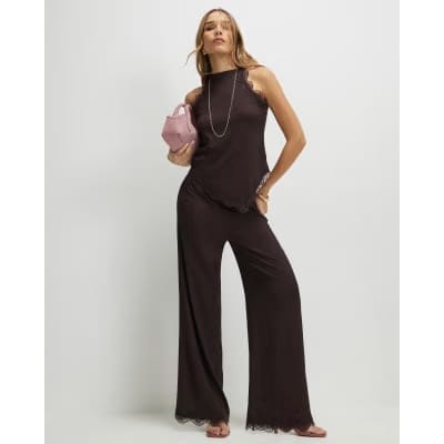 Brown Lace Trim Textured Wide Leg Trousers