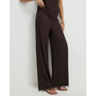 Brown Lace Trim Textured Wide Leg Trousers