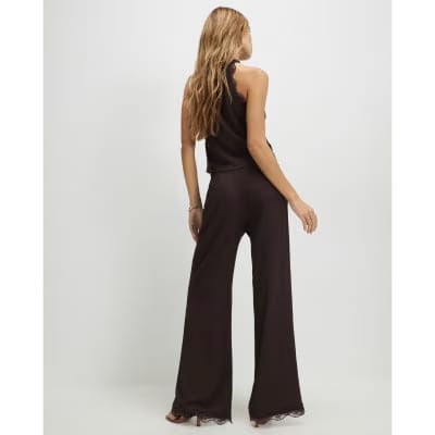 Brown Lace Trim Textured Wide Leg Trousers