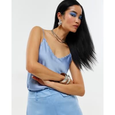 Blue Satin Scallop Trim Cami Top