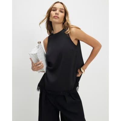 Black Satin Lace Trim Sleeveless Top